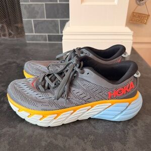 Hoka Charcoal Running Shoes with Orange & Light Blue Accents